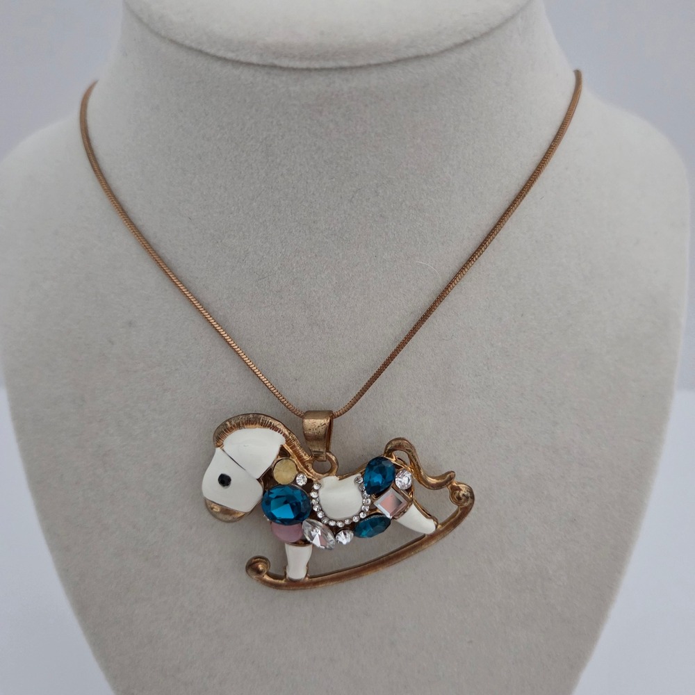 Rocking Horse Necklace Gold Enamel Rhinestone Whimsical Long Statement